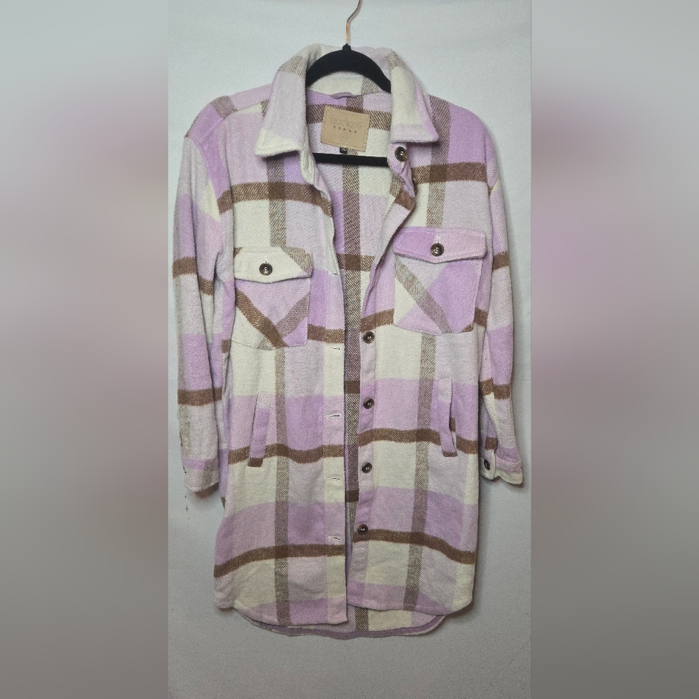 BlankNYC The Comeback Plaid Long  Shacket Button Up Purple/Brown Women's XS